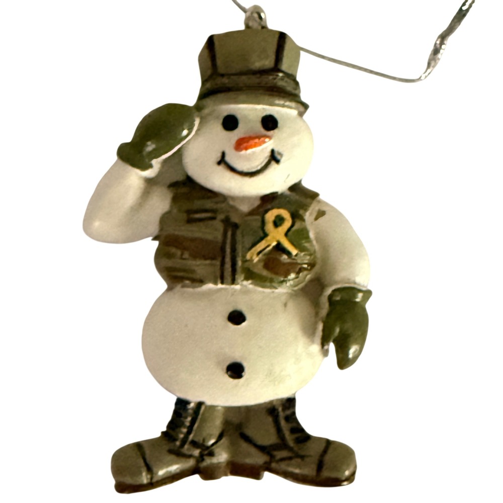 Military Saluting Snowman Christmas Ornament Camouflage Vest Yellow Ribbon 2.75"